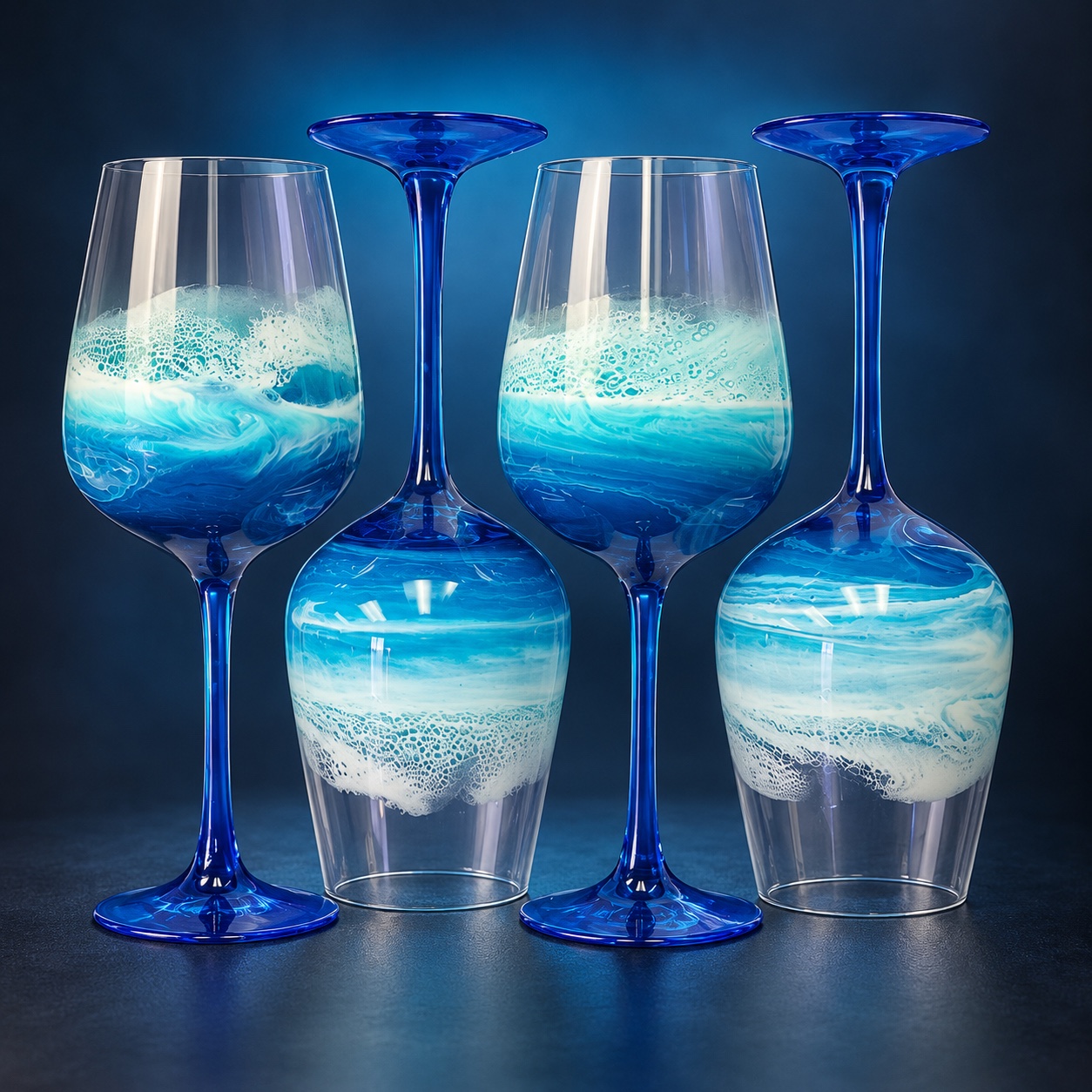 Set of four wine glasses with turquoise and cobalt resin ocean designs